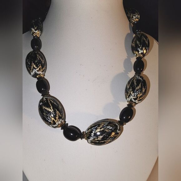 VINTAGE SIGNED HOBE BLACK GOLD SILVER STREAKED BEAD BARREL SHAPE NECKLACE 14"+3" - Picture 1 of 8